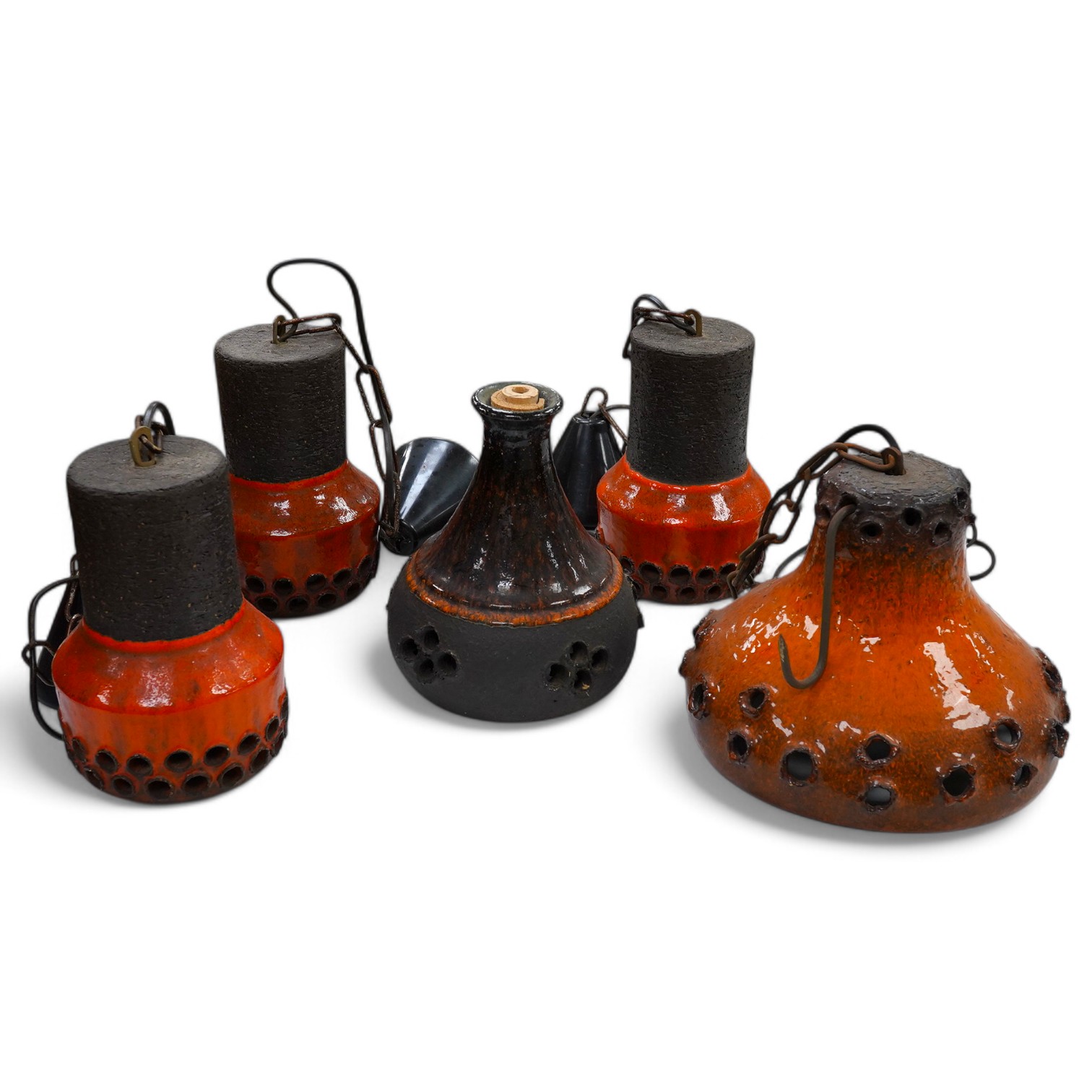 A set of three 1970s Danish pottery brown and orange glazed pendant lights and two other larger similar pottery lights, 19cm high (5). Condition - good